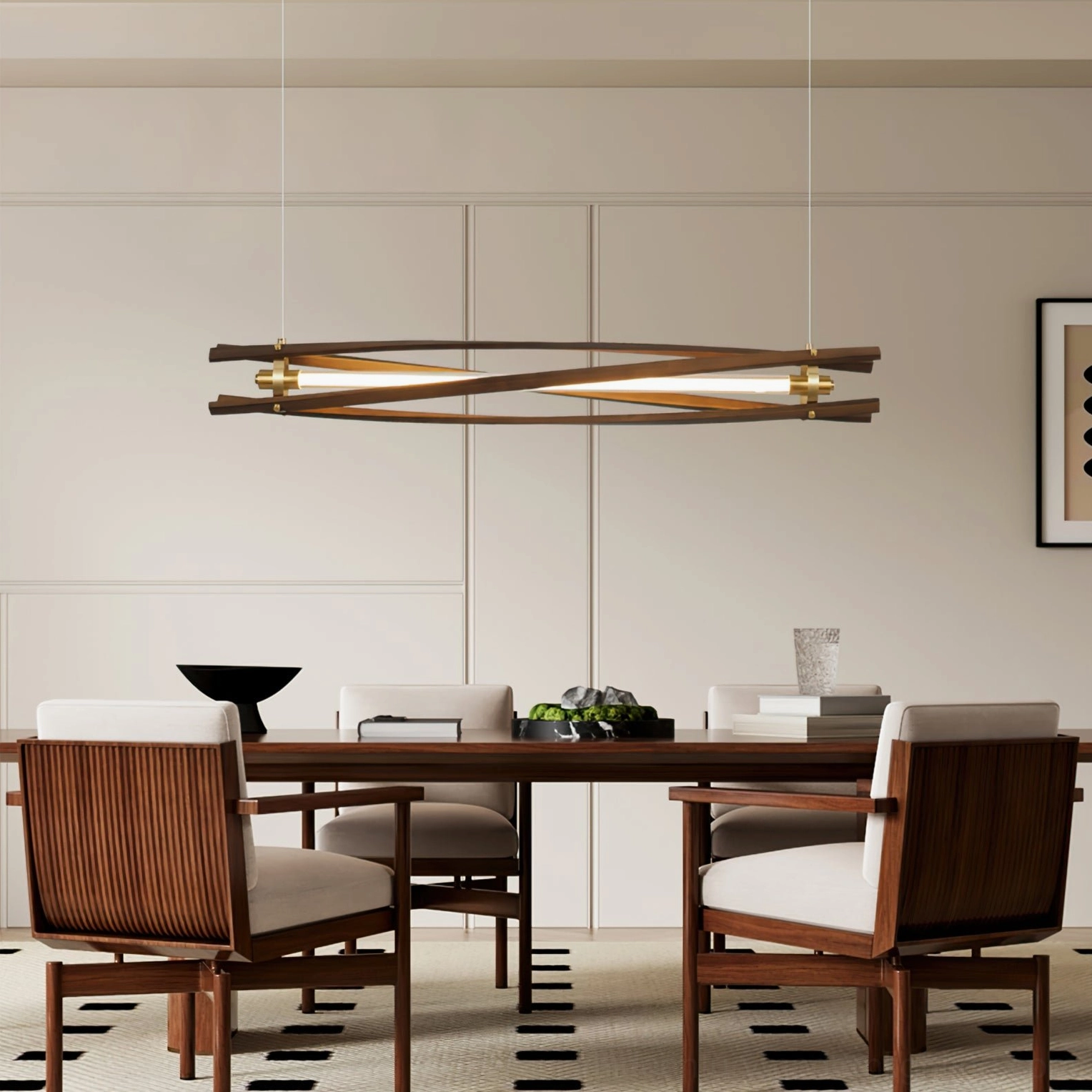 Axis wood chandelier above minimalist dining room with dark wood furniture, geometric wooden framework detail