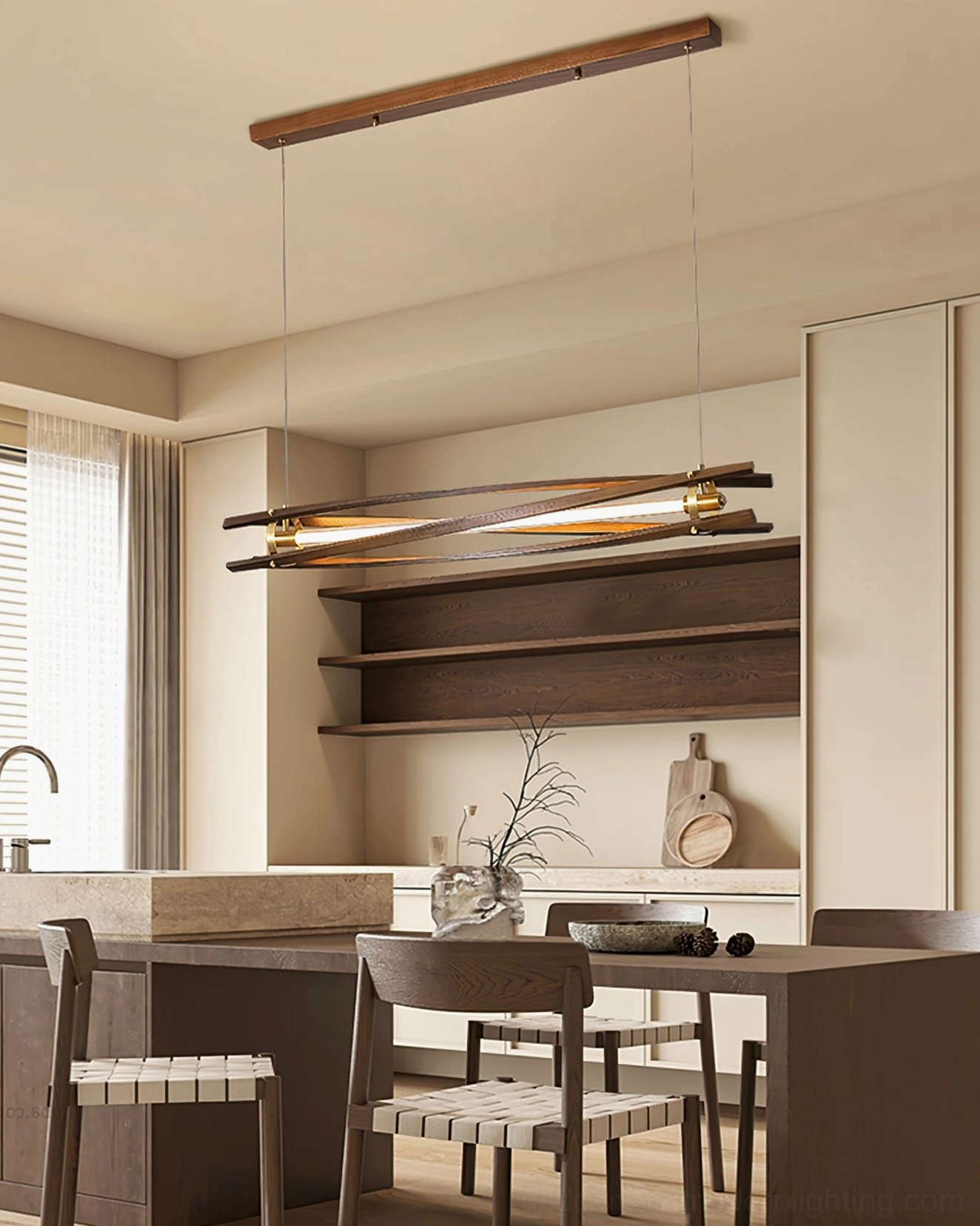 Overhead view of Axis wood chandelier above contemporary dining setup with warm ambient lighting effect