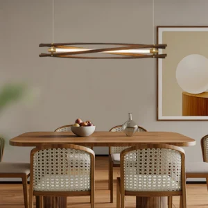 Axis pendant light suspended above dining table in modern rustic dining room with warm ambient glow
