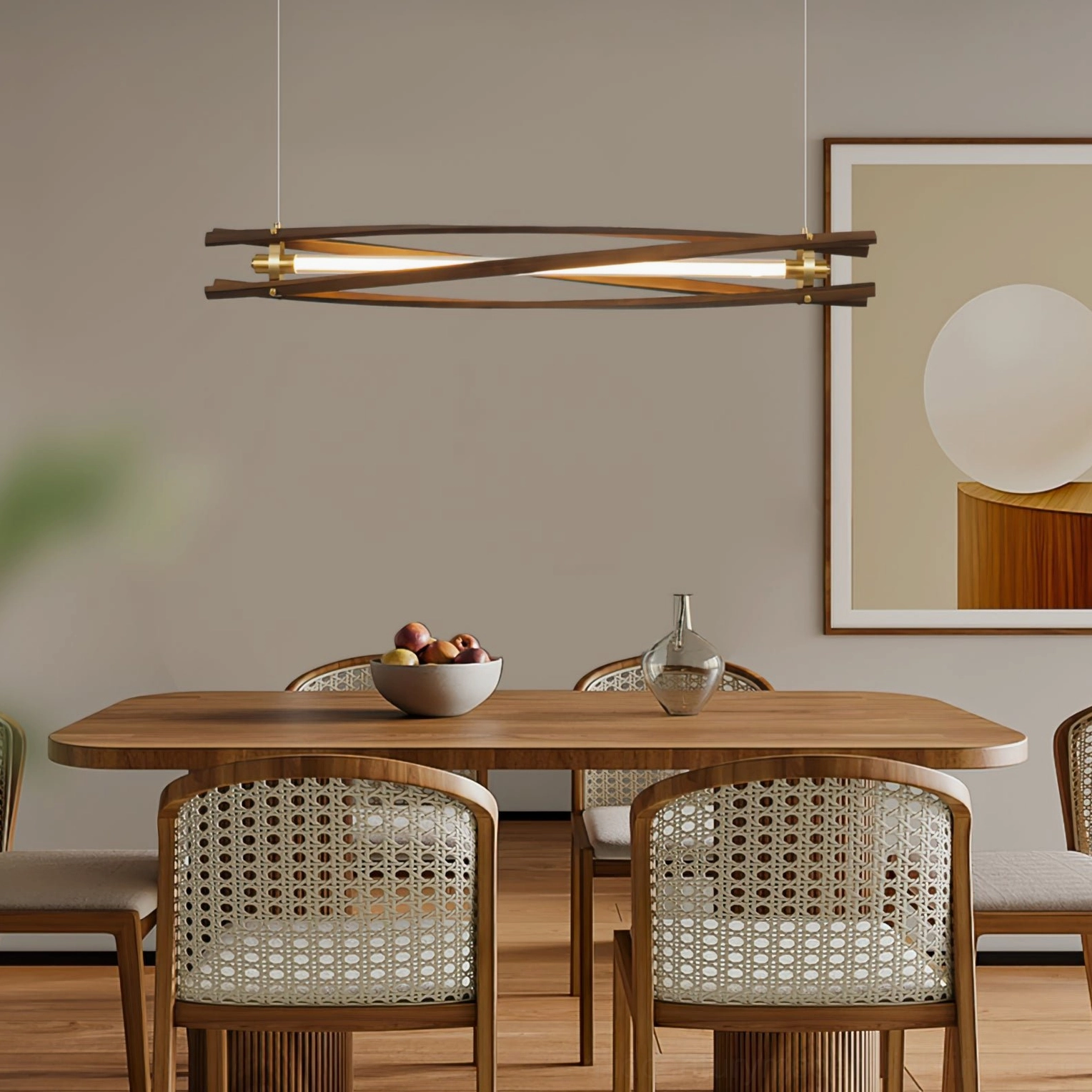 Axis pendant light suspended above dining table in modern rustic dining room with warm ambient glow