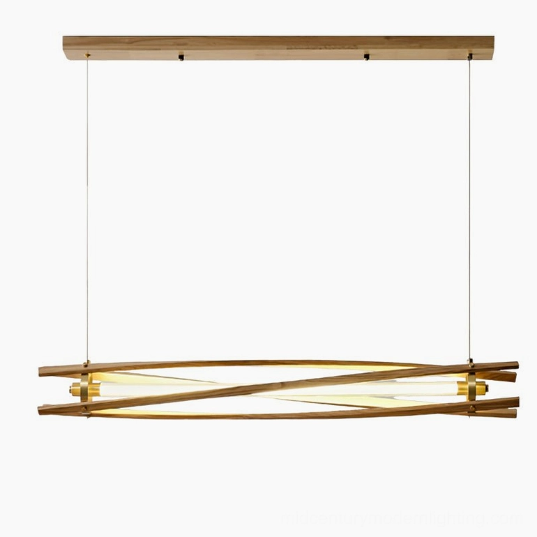 Axis wood chandelier in natural wood finish with brass fixtures, mid-century modern pendant light design