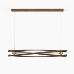 Axis wood chandelier with walnut finish and brass fixtures, frontal studio view showing geometric crisscross wooden framework