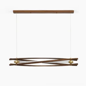 Axis wood chandelier with walnut finish and brass fixtures, frontal studio view showing geometric crisscross wooden framework