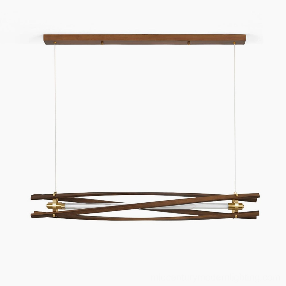 Axis wood chandelier with walnut finish and brass fixtures, frontal studio view showing geometric crisscross wooden framework