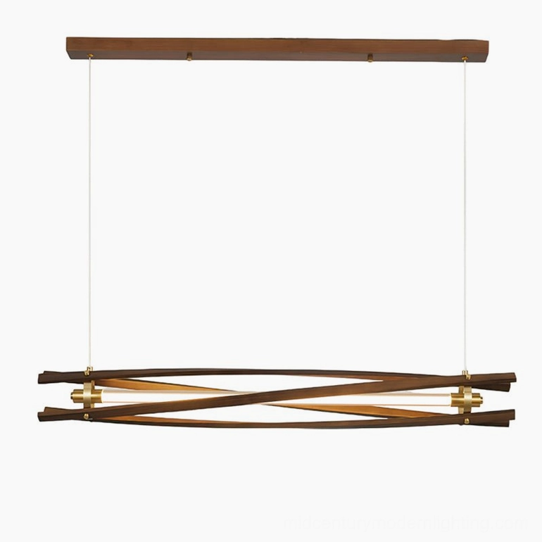 Axis wood chandelier in walnut color with integrated LED warm light, modern pendant lighting fixture