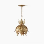 Azalea gold leaf pendant light with cascading botanical metal leaves, studio front view showing intricate craftsmanship and matte gold finish