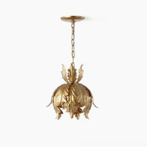 Azalea gold leaf pendant light with cascading botanical metal leaves, studio front view showing intricate craftsmanship and matte gold finish