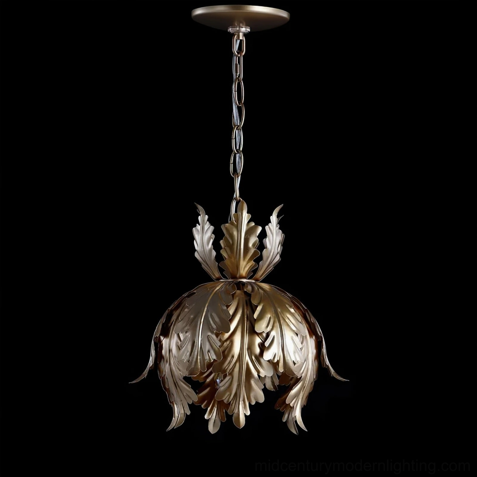 Azalea silver-toned leaf pendant lamp with muted metallic finish photographed against black background for contrast