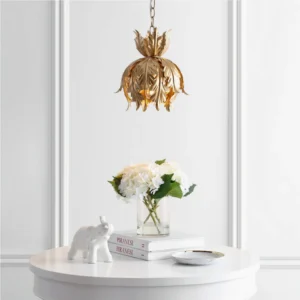 Azalea pendant light installed in elegant neoclassical white entryway with luxury home decor and table styling