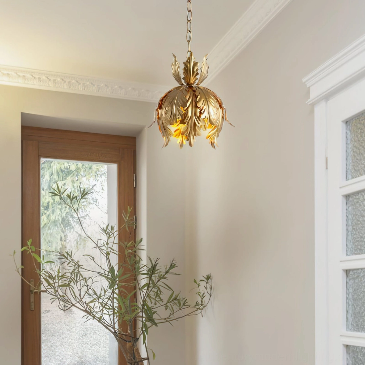 Azalea gold pendant light in residential hallway with bright natural lighting and botanical plant decor styling