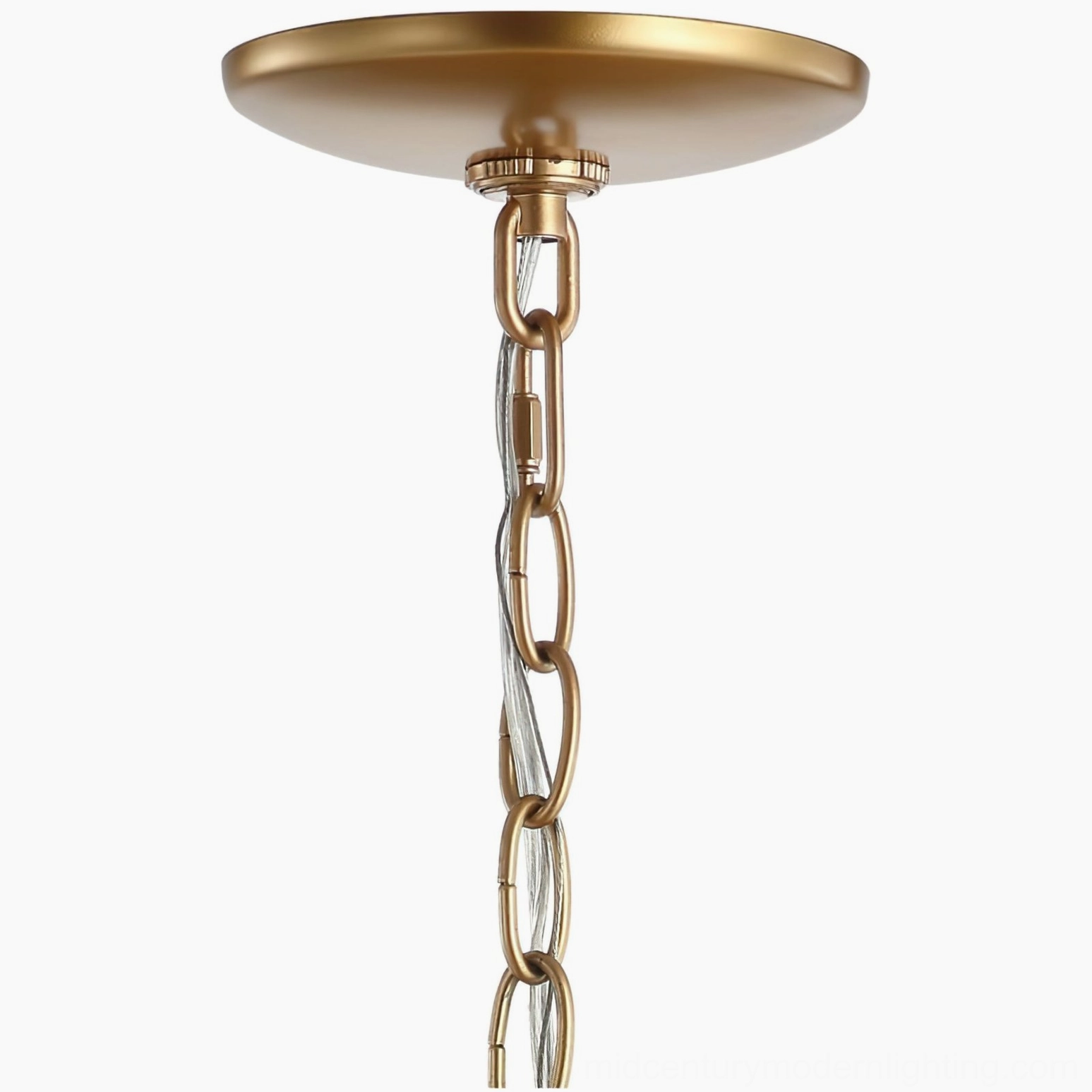 Azalea pendant light hardware components including polished gold chain, ceiling mount, and assembly pieces