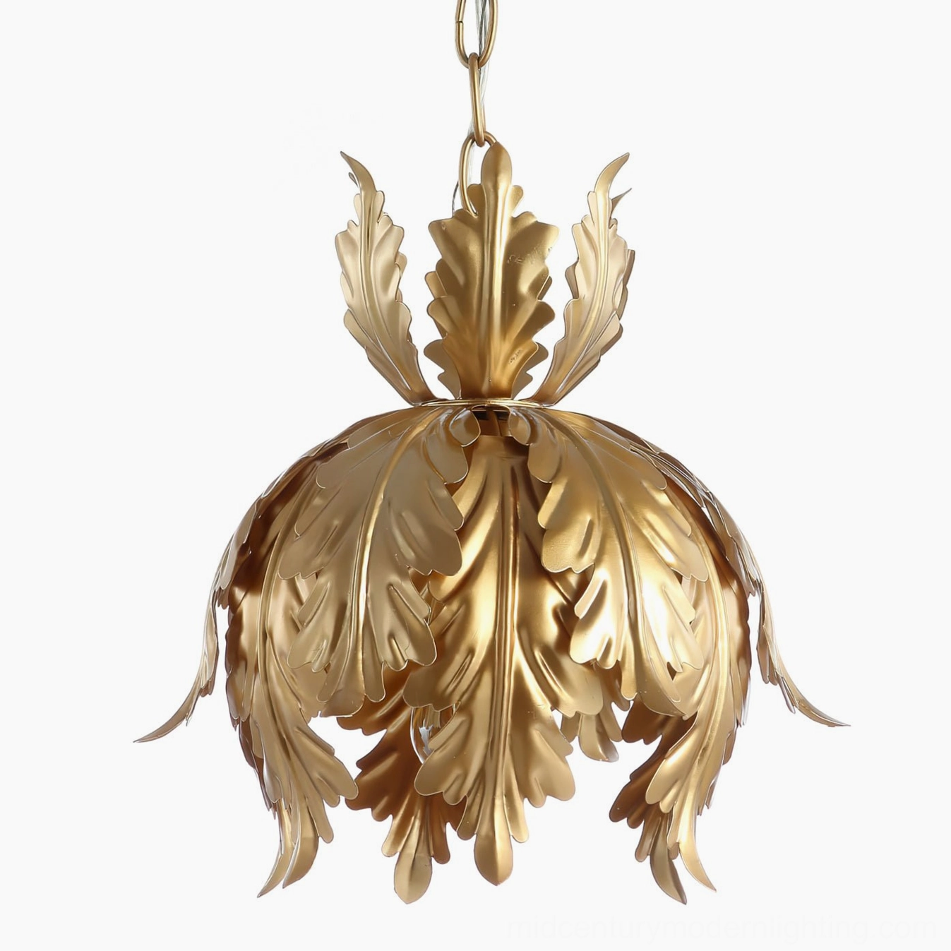 Side profile of Azalea large gold leaf pendant lamp showing detailed botanical metalwork and ornate sculptural form