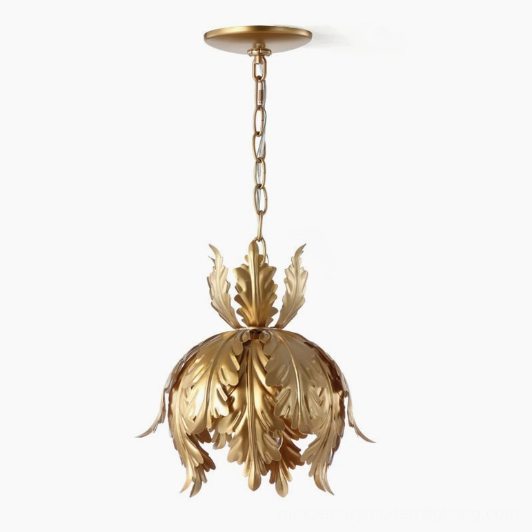 Azalea gold leaf pendant light front low-angle view showcasing classic vintage botanical matte gold design and leaf structure