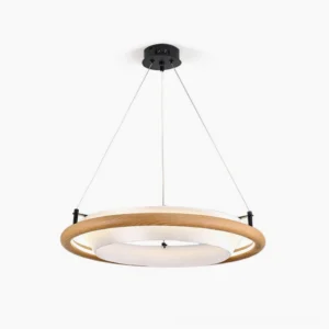 Azria wood ring LED chandelier - overhead close-up studio shot showcasing walnut finish and integrated fabric diffuser detail