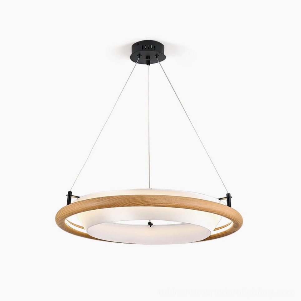 Azria wood ring LED chandelier - overhead close-up studio shot showcasing walnut finish and integrated fabric diffuser detail