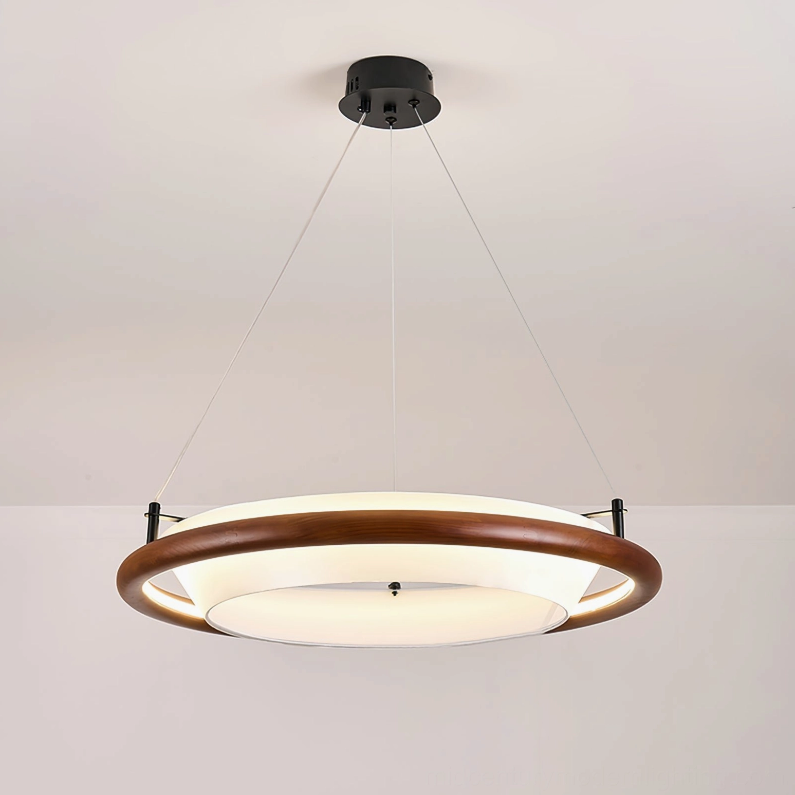 Azria low-profile wood disc chandelier - architectural lighting solution for low-ceiling dining rooms and bedrooms