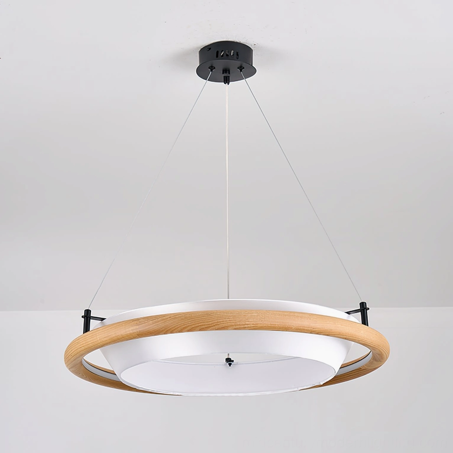 Mid-century modern wood ring pendant light - contemporary minimalist fixture design with integrated LED and fabric diffuser