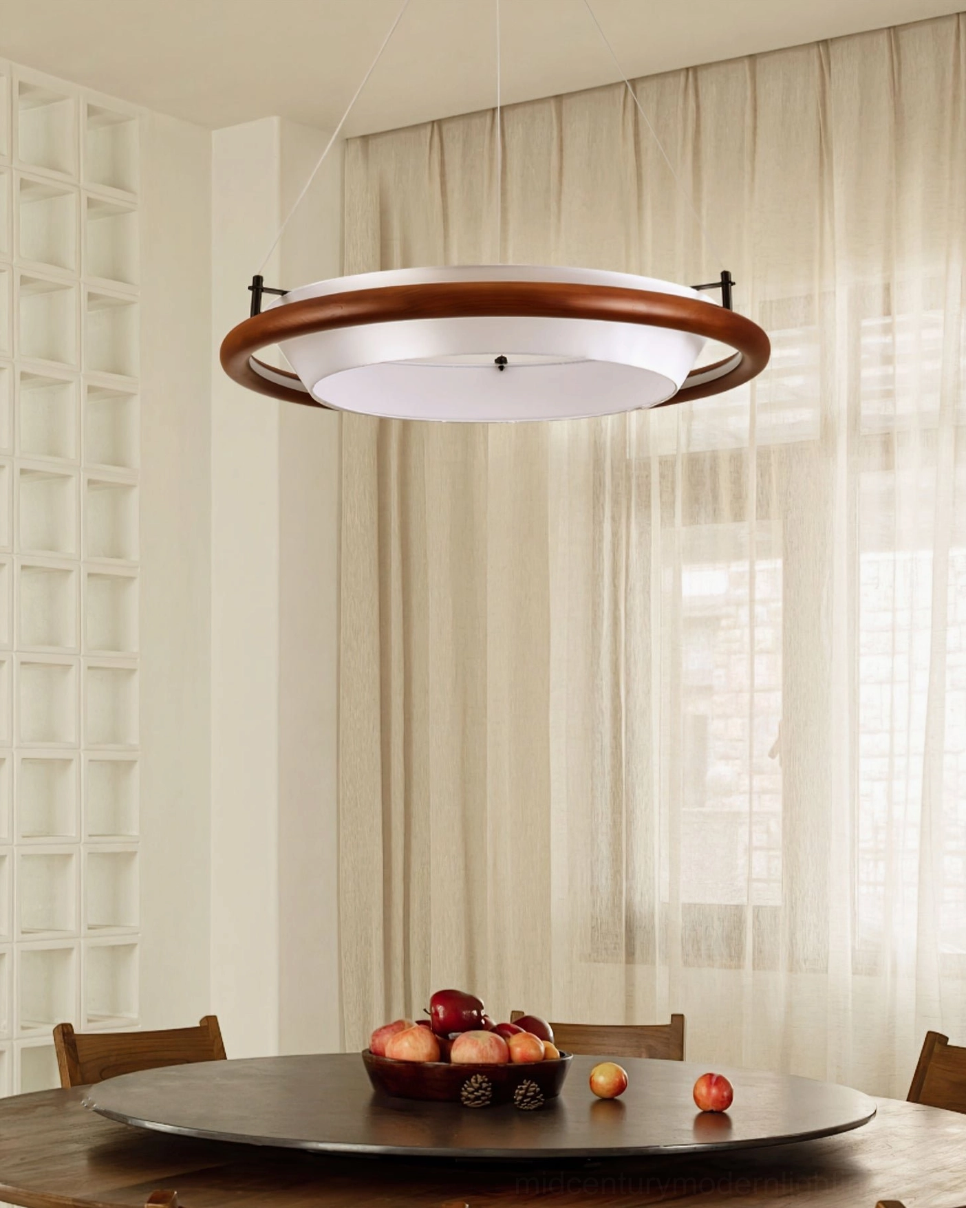Low-profile wood ring pendant in minimalist dining room - interior perspective with sheer curtains and neutral warm lighting
