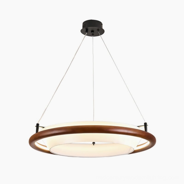 Azria wood ring chandelier in walnut finish - integrated 35W LED pendant lamp with fabric diffuser warm light