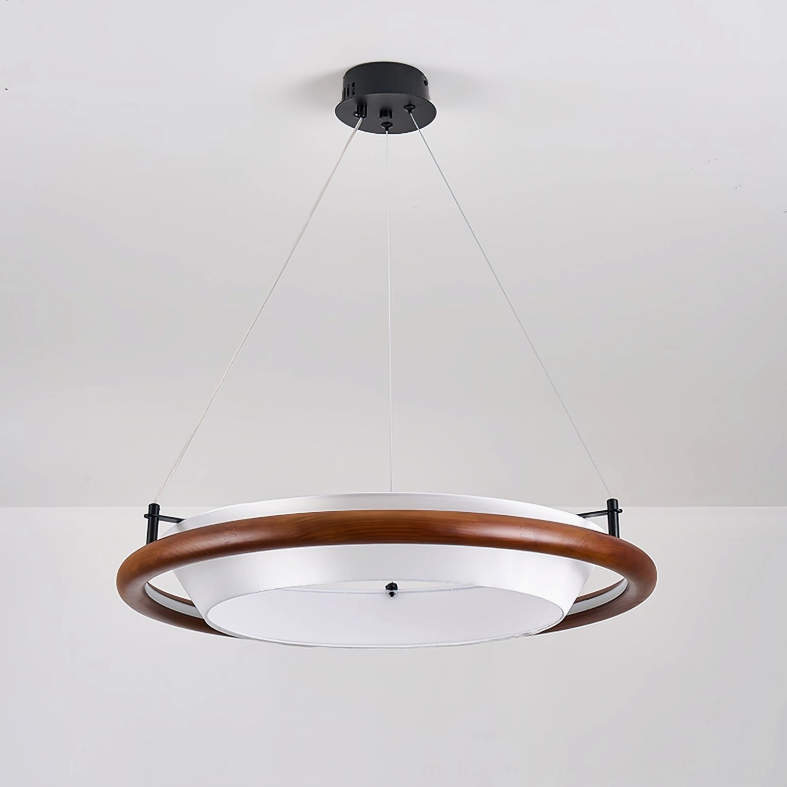 Azria wood ring LED pendant in living space - interior styling showing warm ambient light effect and wood finish variety