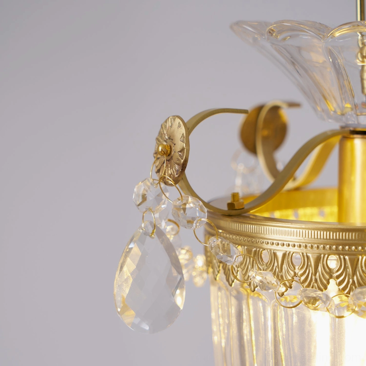 Bagatelle brass crystal pendant light hanging chain suspension detail