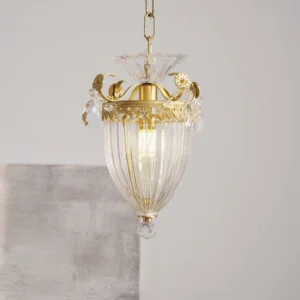 Bagatelle neoclassical brass pendant chandelier three-quarter angle