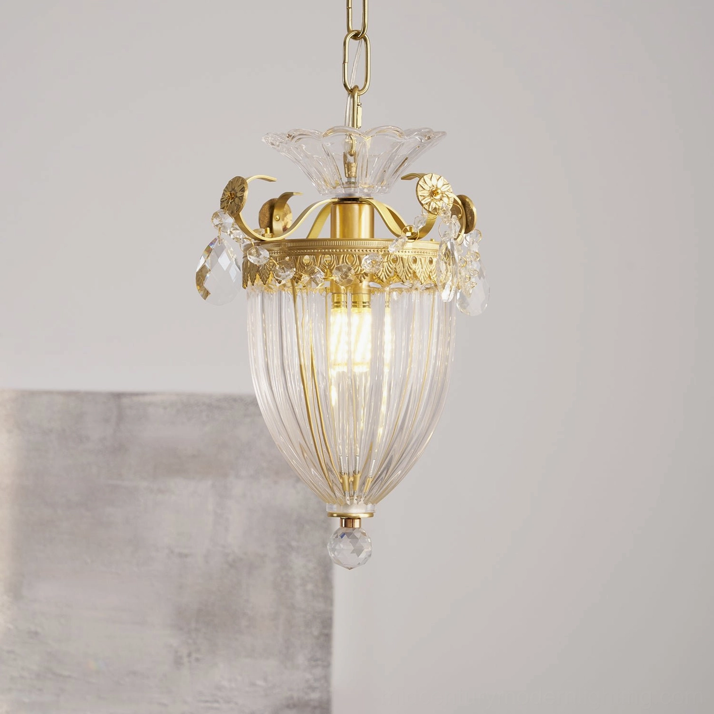 Bagatelle neoclassical brass pendant chandelier three-quarter angle