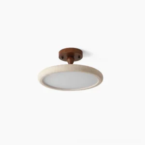 Bailey travertine and walnut flush mount ceiling light - overhead studio view showing textured stone shade and dark wood mounting cap