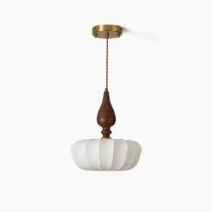 Baird mid-century modern pumpkin pendant light with ribbed silk shade and carved walnut wood stem, overhead studio view