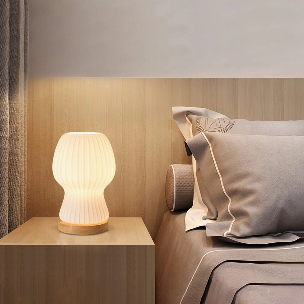 Baja table lamp in master bedroom with grey bedding and neutral tone decor