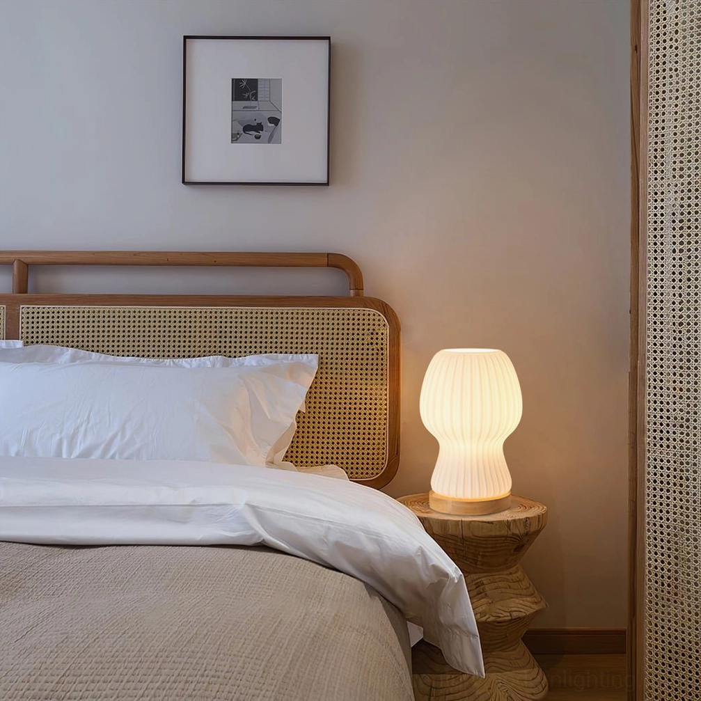 Baja table lamp on rattan headboard bedroom, Japanese minimalist home decor style
