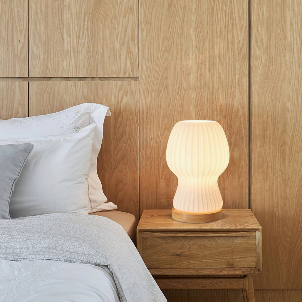Baja table lamp on wooden bedside table, minimalist modern bedroom decor