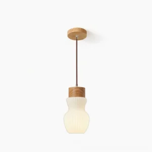 Baja pendant lamp single head with pleated frosted glass shade and natural rubber wood frame, front studio view