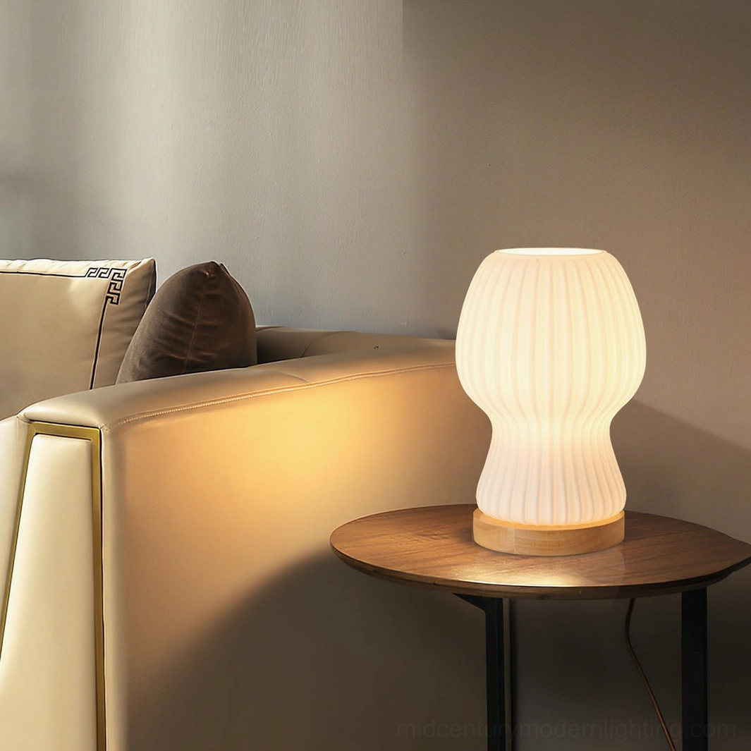 Baja mid-century modern table lamp detail shot showing pleated glass texture