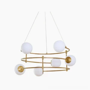 Modern multi-head glass globe chandelier with brass metalwork in Nordic minimalist style overhead view
