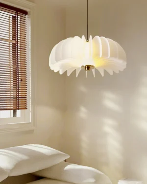 Ballet Pendant Lamp installed in minimalist bedroom, warm LED ambient lighting through sculptural white shade