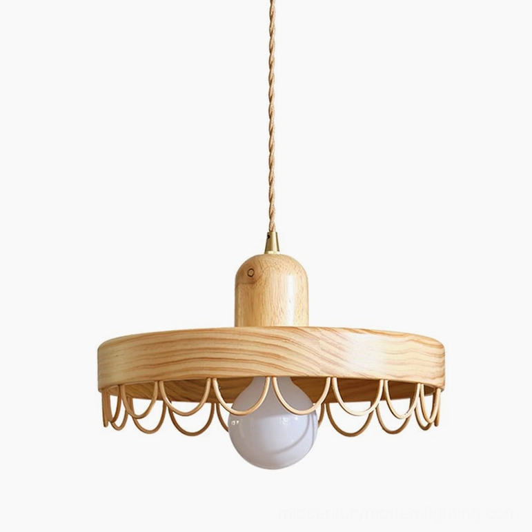 Light natural wood Balton pendant lamp bottom direct view with twine hanging cord and visible wood grain, studio background