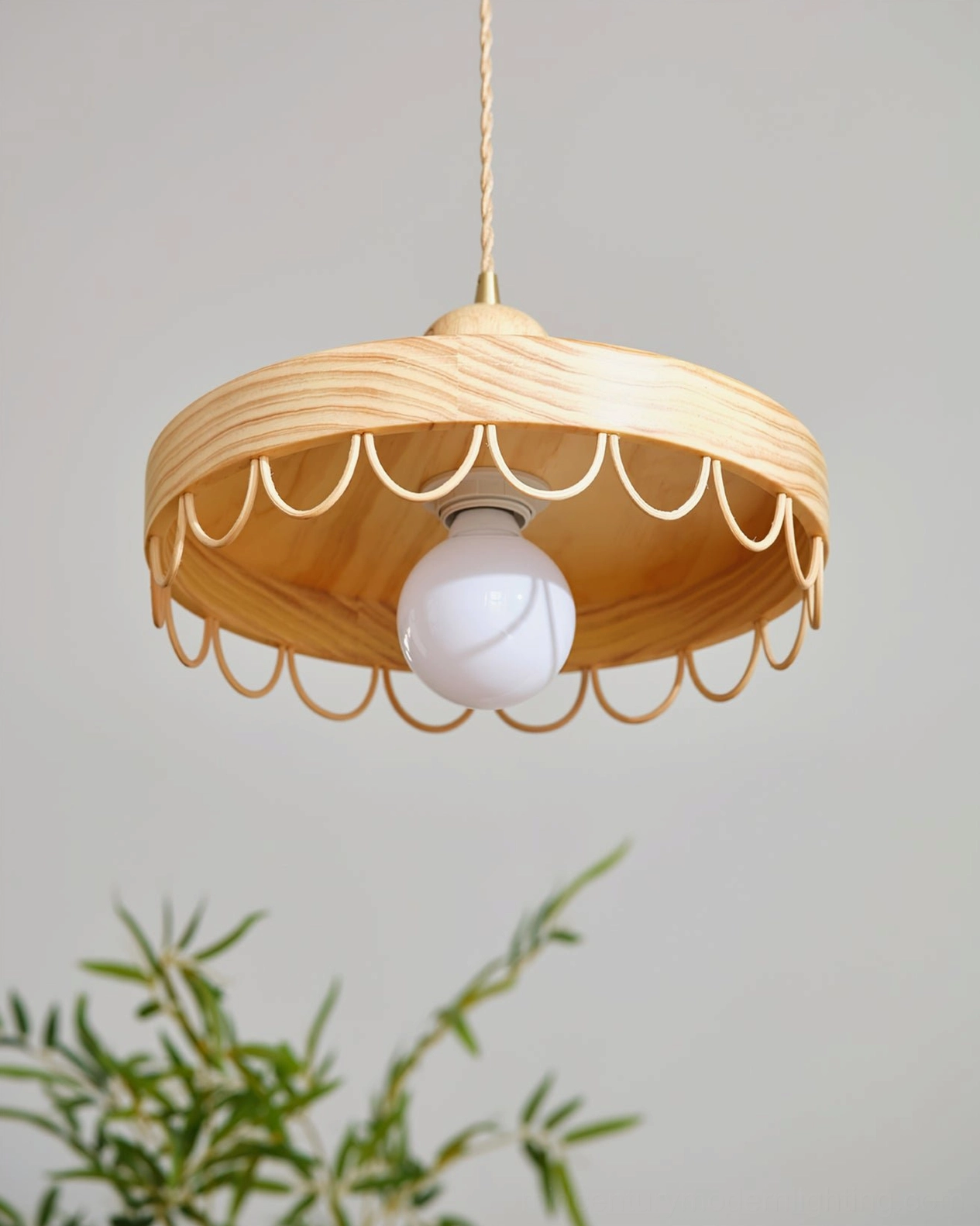 Light wood Balton pendant lamp direct frontal view with visible wood grain texture, fern plant styling