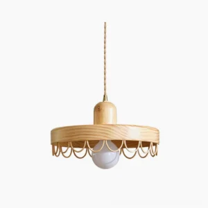 Balton mid-century modern wood pendant lamp with scalloped metal trim, light natural wood finish, studio view