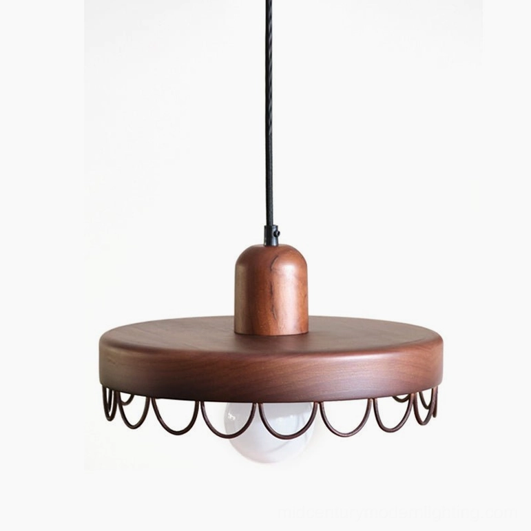 Balton wooden mid-century modern pendant light in walnut finish with scalloped metal frame detail