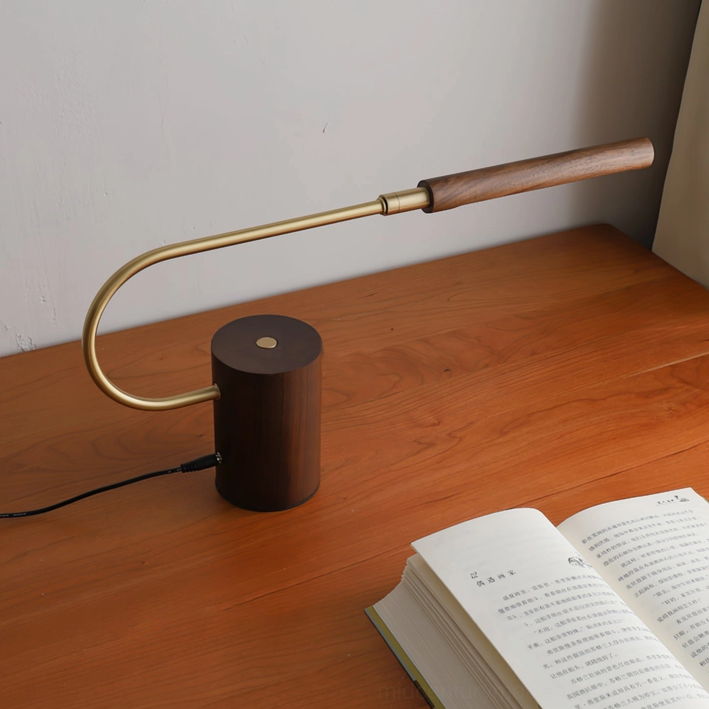 Banker Slim walnut and brass table lamp in contemporary home office setting with workspace