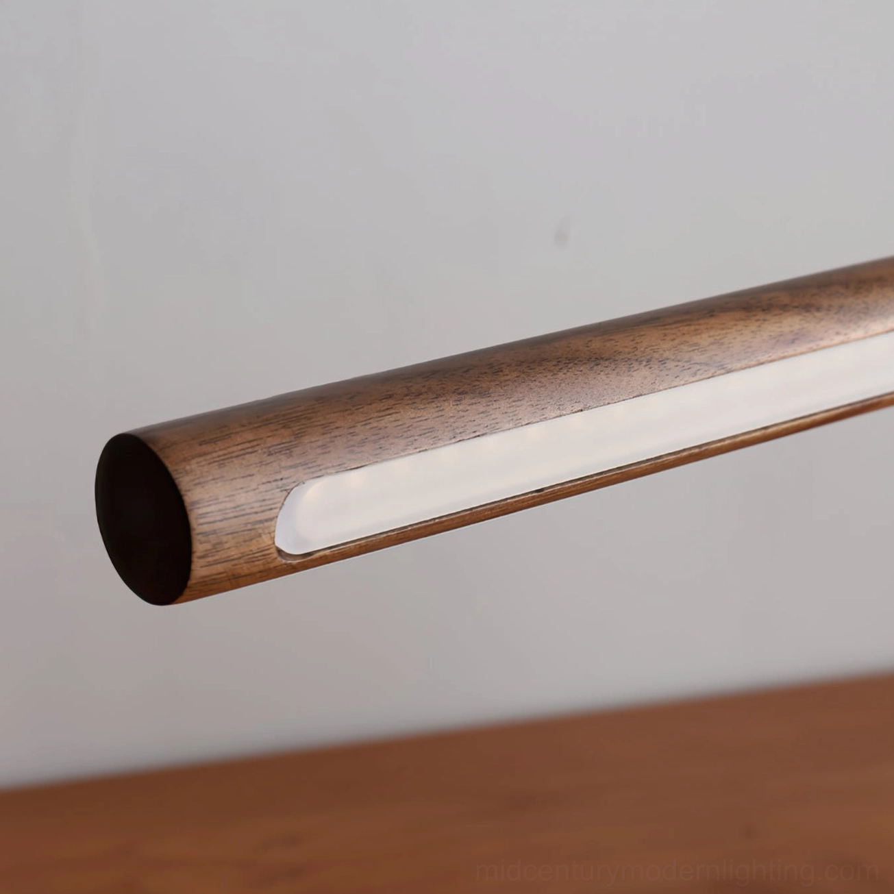 Banker Slim LED lamp head detail showing walnut casing with integrated LED light strip