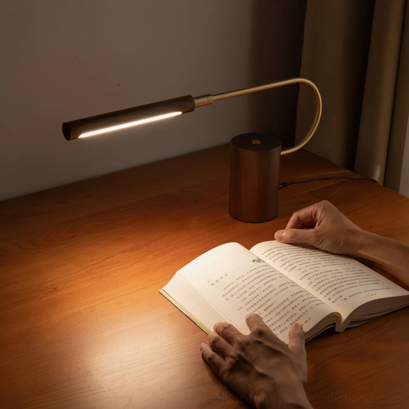 Banker Slim modern desk lamp with walnut wood construction and brass accents hero shot