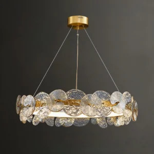 Overhead angle of Barclay chandelier displaying circular ring frame with textured glass flowers and brass accents