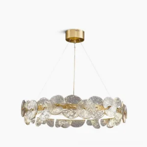 Barclay textured glass chandelier with brass ring frame - front studio view showing lotus-petal glass design and warm gold lighting
