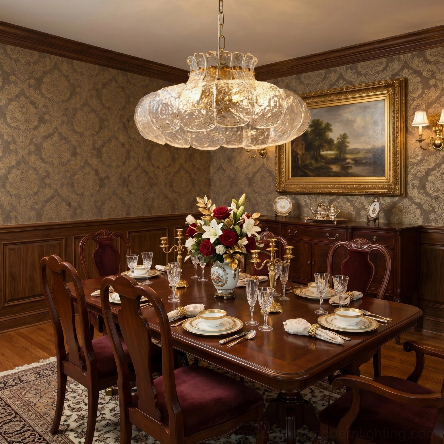 Barlas ribbed glass chandelier in formal classic dining room with damask wallpaper, oil painting, and burgundy chairs