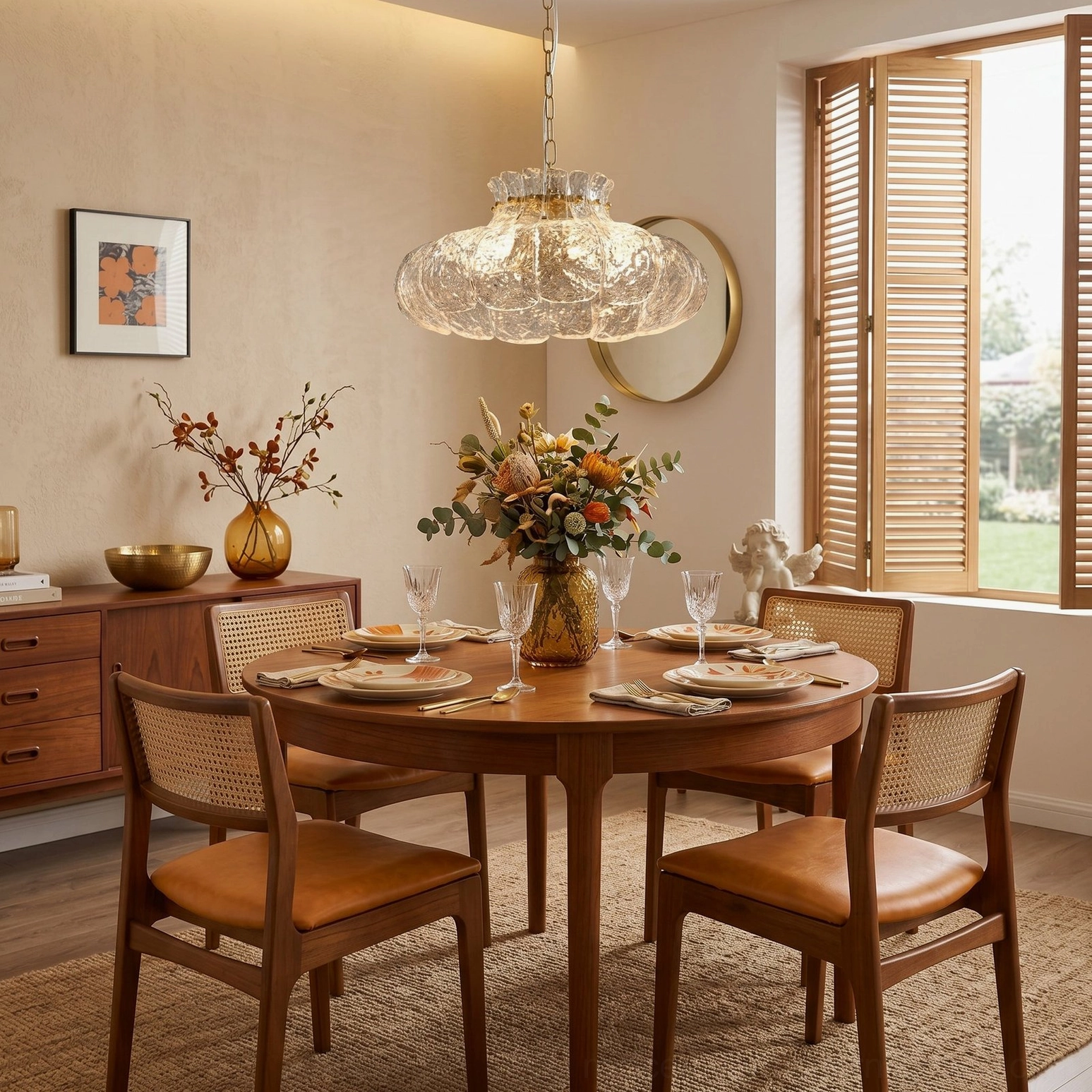 Barlas ribbed glass chandelier in warm vintage dining space with wooden louvered window and round dining set