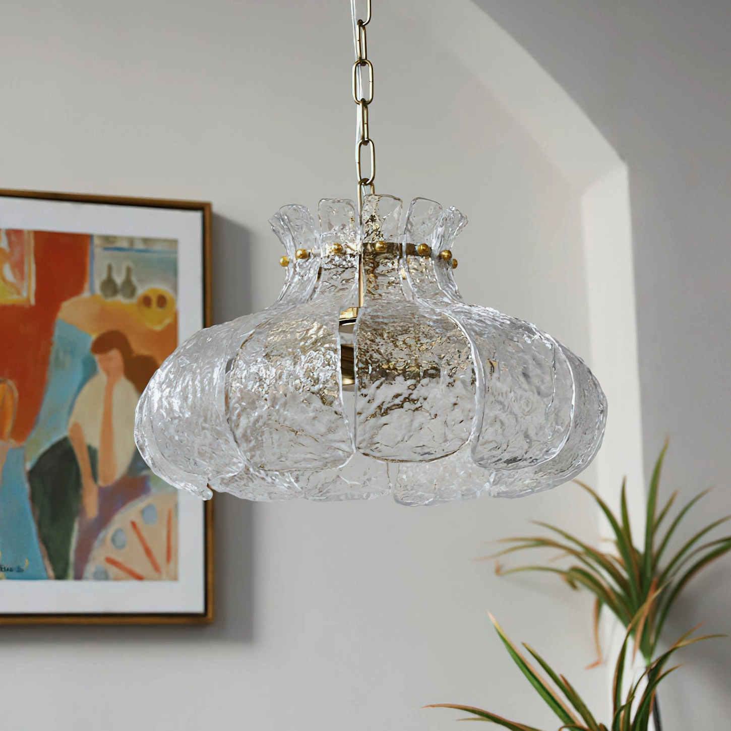 Barlas pendant light fixture showing gold finish detail and clear ribbed glass material quality