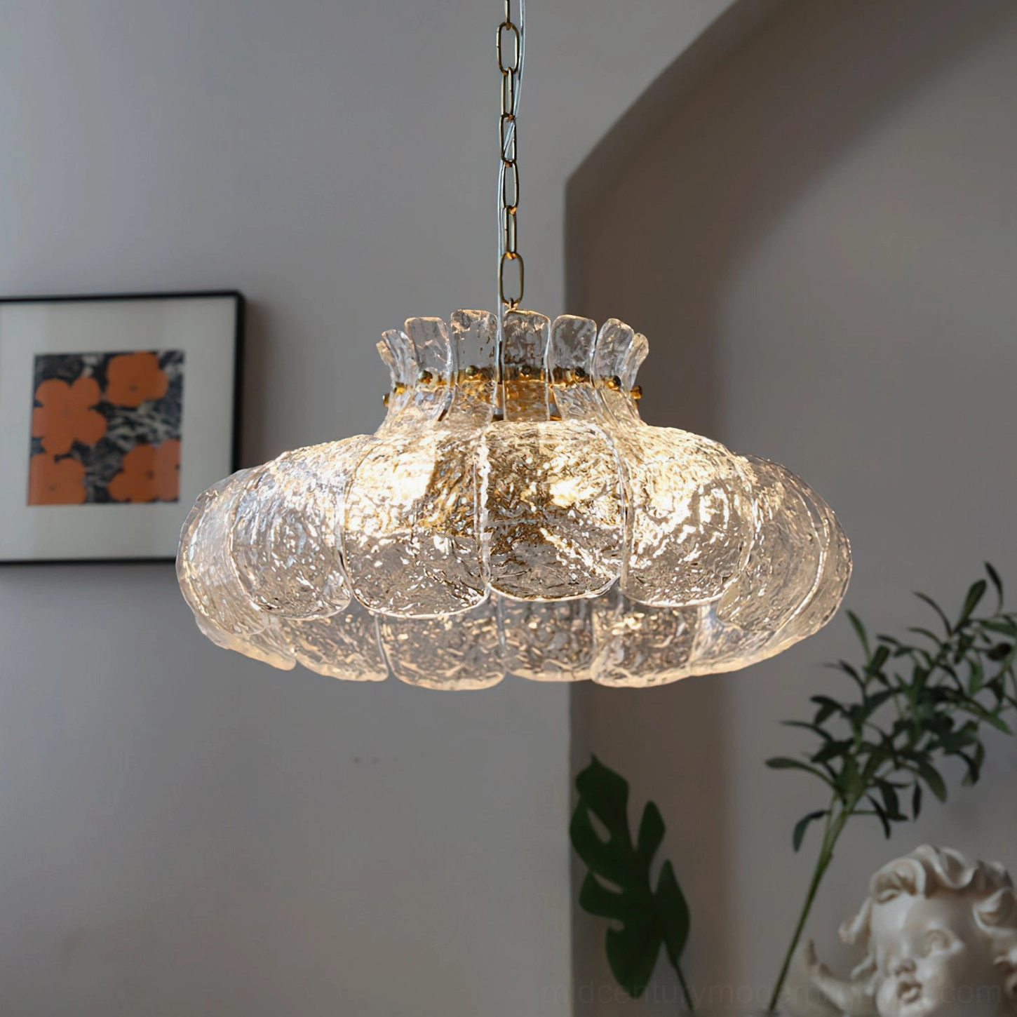 Barlas pendant light fixture in mid-century modern dining room with retro furniture and period details