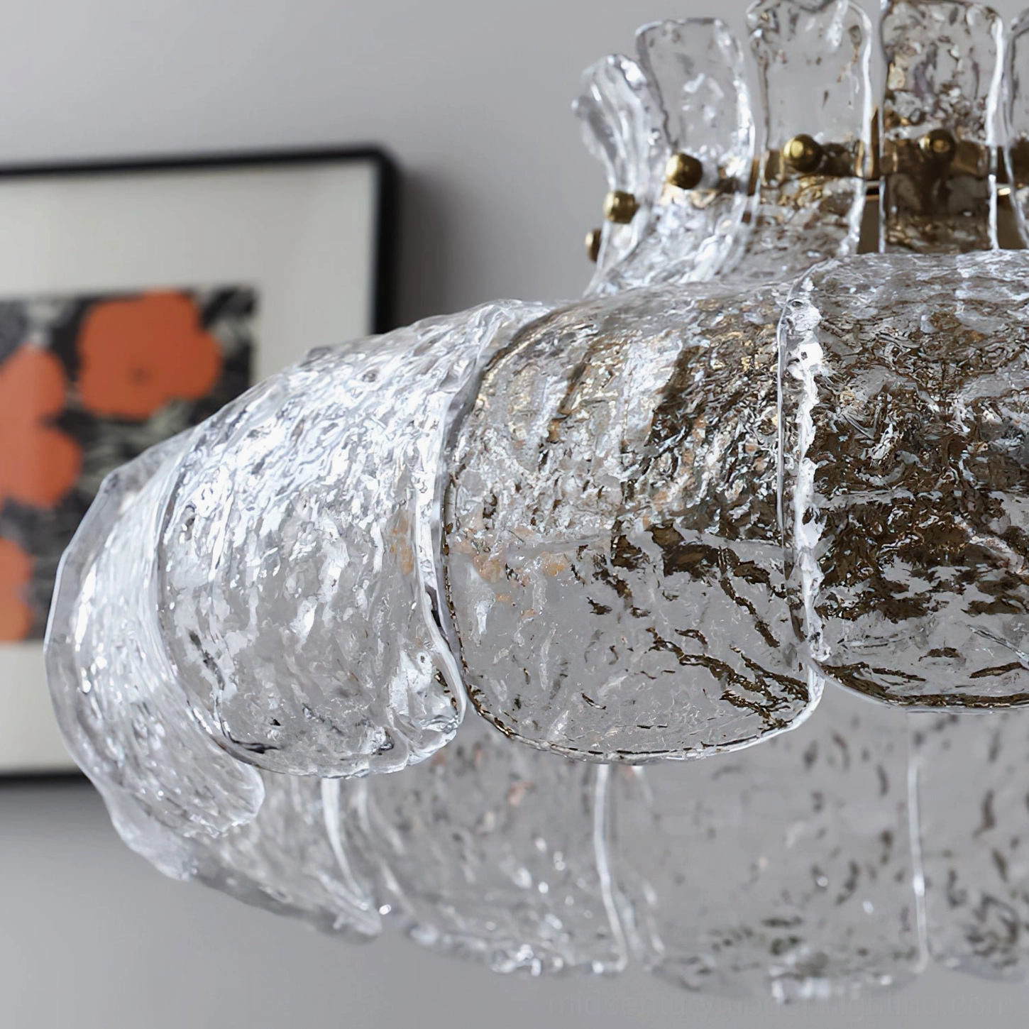 Barlas ribbed glass pendant fixture angled view displaying three-dimensional glass scalloping and gold finish